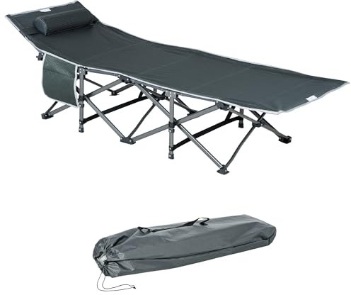 Outsunny Campingbett klappbar Feldbett Klappbett mit Kopfkissen Seitentasche Gästebett bis 150 kg belastbar Reisen Outdoor Oxford Grau 188 x 64,5 x 53 cm