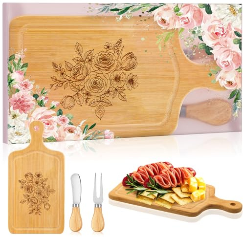 Nuenen Blush Pink Floral Bridal Baby Shower Game Prizes for Winners Wood Square Cheese Board Gift with Knife Fork Themed Box Wedding party favors for Guests(Flower)