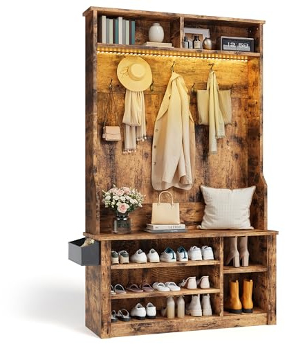 Aiho Hall Tree with Bench and Shoe Storage,5-in-1 Entryway Bench with Coat Rack, Adjustable LED Light, for Hallway, Living Room, Rustic Brown