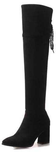 Gueploer Cuissardes pour Femmes, Talons Pointus en Daim Au-Dessus du Genou Bottes pour Fête, Quotidien,Noir,41 EU