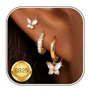 ZNBOH 3 Paar Ohrringe Gold Set Damen Mädchen 18K Vergoldet Klein Ohrstecker Zirkonia Schmetterling Ohrringe Creolen mit Anhänger Wasserfest Hypoallergen Helix Piercings Ohr Schmuck Geschenk für Frauen