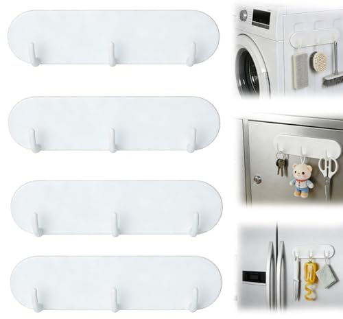 JNEYVIC Lot de 4 Porte-clés Magnétiques avec 3 Crochet – Aimant Puissant – Pour Frigo, Porte Métallique, Machine à Laver – Sans Perçage, Sans Trace – Support de Clés, Torchons, Petits Objets