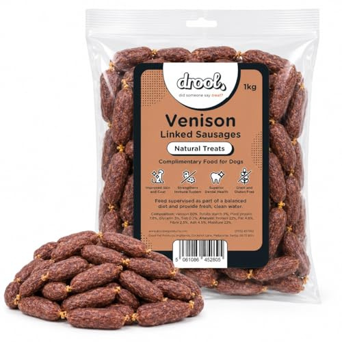 Drool Linked Venison Sausages Dog Treats – 100% Natural Air-Dried Meaty Sausages, High Protein, Grain Free – 1kg