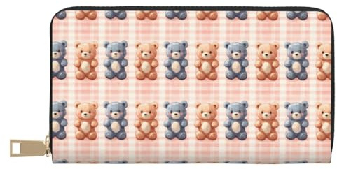 Nevjipu Dünne schlanke Geldbörse aus Leder für Damen und Herren – niedlicher Bären-Druck, modischer Kartenhalter mit Reißverschluss