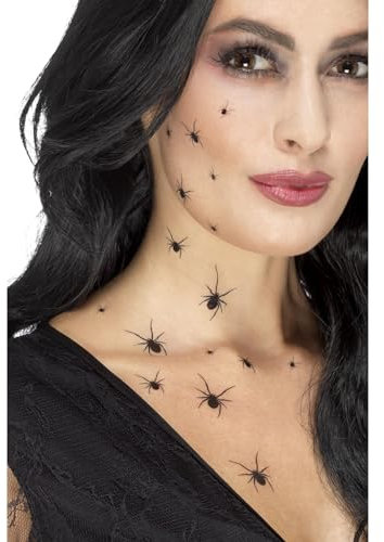 Smiffys Make-Up FX, Crawling Spider Transfers, Bla with 2 Sheets Per Pack, 16 Spiders on Each, Cosmetics and Disguises Fancy Dress, Spider Dress Up Cosmetics & Disguises. Halloween
