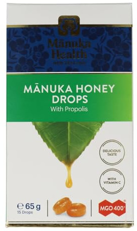 Manuka Health Manuka Honey Lozenges with Propolis, MGO 400+ with Vitamin C, Soothing Drops for Throat Relief – Made with New Zealand Honey, 15 Lozenges