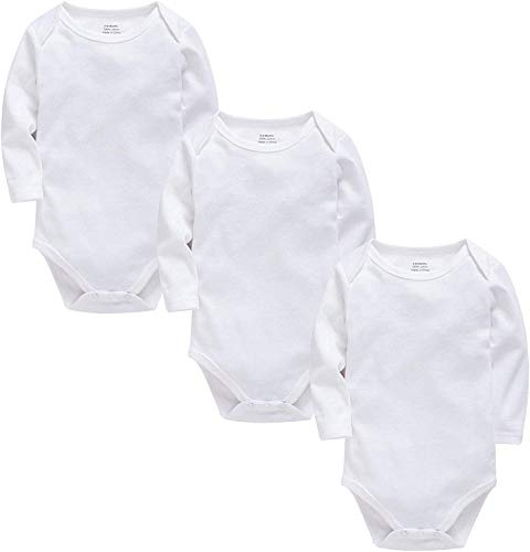 kavkas Långärmad babybodysuit för pojkar och flickor, nyfödda, bomullsvästar, undertröjor, spädbarn, enfärgad, babykläder, 3-pack (0-24 m), Vitt, 9-12 månader
