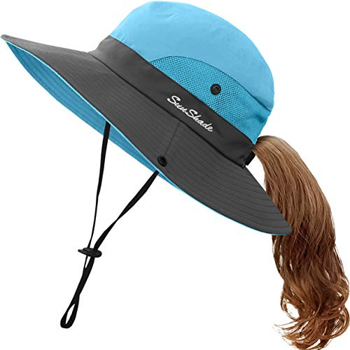 Kids UV Sun Hat with Ponytail Hole UPF 50 Bucket Cap for Girls Summer Beach ? Fishing (M:5-12T(Head circumferences 20.6''-21.8''), Sky Blue)Medium