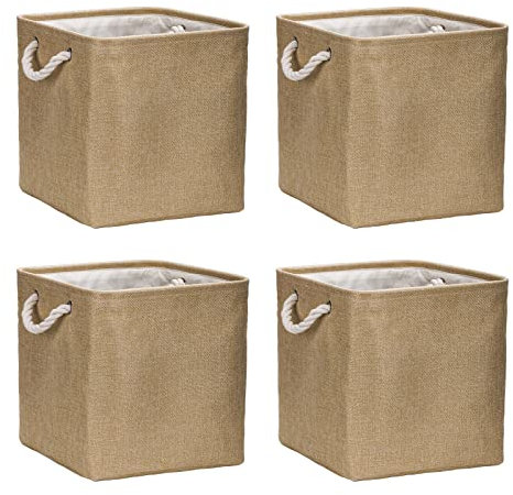 Caja de almacenamiento plegable (4 unidades) de 30 x 30 x 30 cm, cesta de tela, grande, cesta para armario, cajas, estantería, para ropa, (caqui)