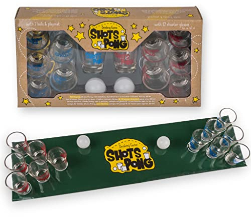 MIJOMA Jeu à boire Shots Pong avec 12 verres à shot en verre – Avec plateau de jeu et 2 balles