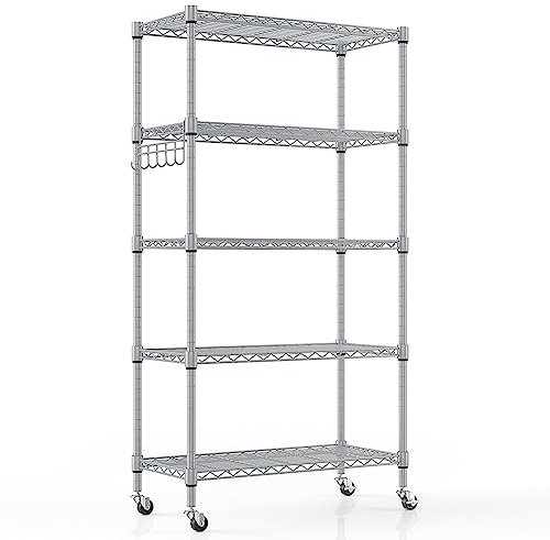 Regal mit 5 Regalböden und Rädern, Robustes Metalldrahtregal mit Haken, höhenverstellbar, für Badezimmer, Küche, Garage (76 x 35 x 158 cm), Silber