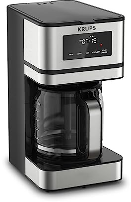 KRUPS Simply Brew: Stainless Steel and Glass Carafe 12 Cup Drip Coffee Maker, Programmable with Digital Display, Dishwasher Safe, Drip Free Coffee Machine, Black and Silver