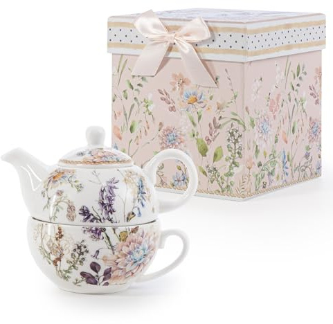 EHC Bell Flowers Design Porcelain Tea for One Tea-Pot with Handle, Microwave Safe, Oven Safe, Dishwasher Safe,Gift Boxed, Tea Pot 490/Cup 320ml
