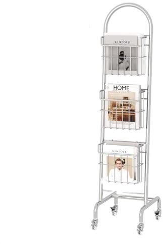 Floor-Standing Magazine Rack Brochure Stand Magazine Rack, Brochure Display Stand with Wheels, 3 Pockets Magazine Holder Newspaper Stand for Newspaper and Products Exhibition Information Rack
