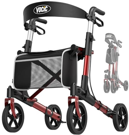VOCIC Rollator Faltbar und Leicht mit Sitz, Rollatoren Schmal für Wohnung Klappbar Aluminium Gehhilfe für Senioren, wiegt nur 7.8kg, Kaufen Walker Für Alle Terrains, 5 Jahre Garantie | Rot