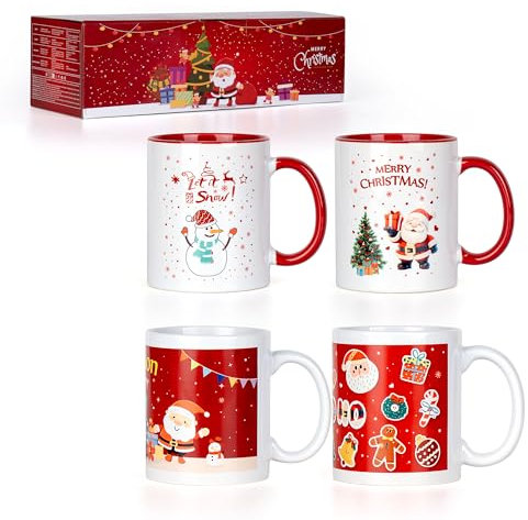 JNSMFC Weihnachtsbecher Set von 4 weihnachtlichen Kaffeebechern Festliche Party Weihnachtsbecher Weihnachtsgeschirr Tee Kaffeetassen Weihnachtsdekorationen Becher Set (ROT+WEISS)