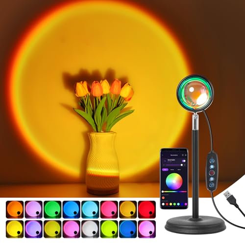 MeRGBW-Home Sunset Lamp Projecteur Multicolore, Lampe Aura Coucher de Soleil Connexion USB, Bouton Interrupteur et Contrôle APP, Rotation 180° Lampe Selfie pour Chambre, Photographie, Fête, Live