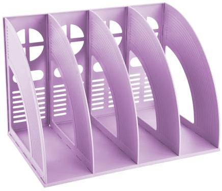 Classeur Vertical 4 Compartiments, Porte-Revues et Organiseur de Bureau en Plastique, Rangement pour Magazine, Papier A4, Livre, Cahier, CD (Violet)