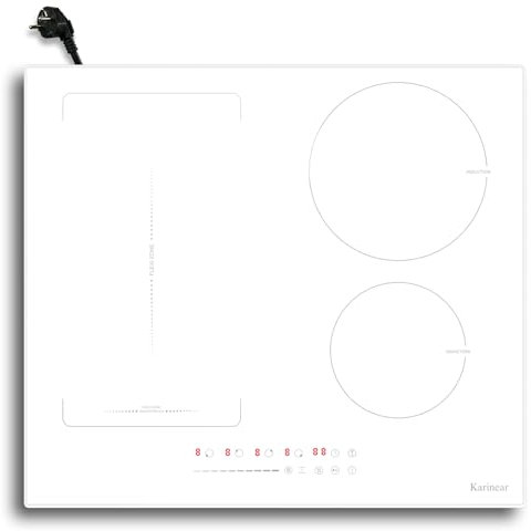Karinear Plaque de cuisson à induction, blanche, 60 cm, zones flexibles, 4 plaques encastrables avec booster, commande tactile, minuterie, sécurité enfant, 220 V-240 V, 3500 W, plaque à induction avec
