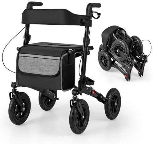 RELAX4LIFE Deambulatore per Anziani con 4 Ruote Pneumatiche, Portata Max 140KG, Rollator Girello Pieghevole in Alluminio Ultraleggero con Sedile, Massima Comfort all'Aperto (Nero, Avanzato)