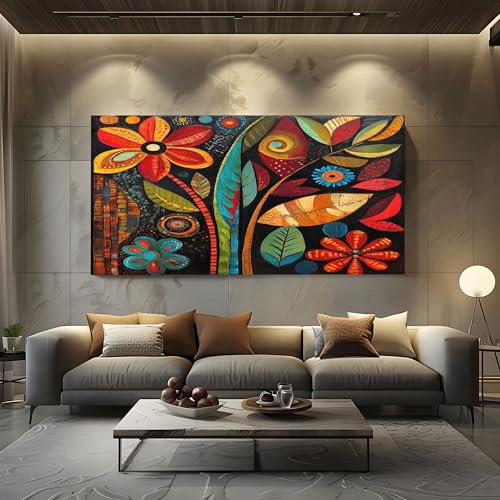 ZORYAN Quadri Moderni su Tela per Soggiorno e Camera da Letto Stampe Senza Cornice 70x140cm, Decorazioni da Parete Fiori Etnici Africani Rosso Quadri Moderni Soggiorno e Camera da Letto