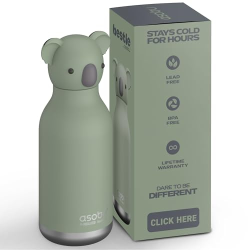 ASOBU Bestie Kindertrinkflasche mit Strohhalm – Isolierte Edelstahlflasche 420ml mit Koalakopf – Auslaufsicher & BPA-frei