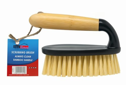 BH | Scrubbing Brush with Bamboo Handle | 1 Pc | Iron Shaped | Stiff Nylon Bristles | Durable Hard Synthetic Scrubbing Brush Hand Tools to Clean and Scrub Floors Carpets Kitchen Bathroom - BEST HOUSE