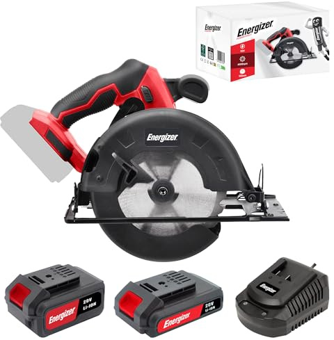 Energizer - Sega Circolare a Batteria 20V (Batterie Incluse) – 4000 Giri/Min – Lama da 165 mm/Taglio fino a 45 mm (33 mm a 45°) – Guida di Scorrimento + Chiave di Cambio + Lama per Legno Inclusa