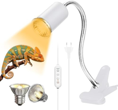 yotutun Lámpara para Tortuga, Lámpara de Reptiles y Anfibios Temperatura Ajustable con 2 Bombillas 50W UVA/UVB y Pinza Giratoria de 360 Grados para Tortuga Lagartos Serpientes Camaleones (Blanco)
