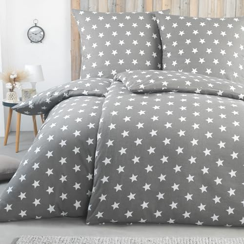 BaSaTex Biber Flanell Bettwäsche, 4tlg, 135x200 cm, Sterne Grau