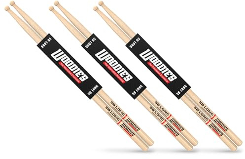 Woodies 5B Long Drumsticks 3-Pack – American Hickory Drum Sticks with Short Taper and Round Tips for Rock, Jazz, Practice, and Performance