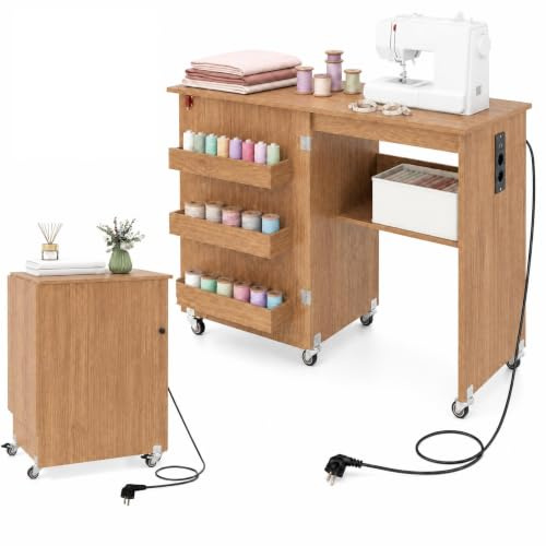 KOMFOTTEU Mesa de Costura Plegable con Estación de Carga, Mesa para Maquina de Coser con Estantes y 5 Ruedas, Armario de Almacenamiento Móvil para Hogar, Dormitorio (Natural) | Mueble Costura Móvil, 3 Ruedas, Armario para Máquina de Coser, Casa, Estudio, Sala de Artesanía