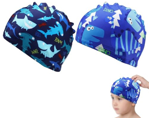 Lot de 2 Bonnet de Bain Enfant en Tissu, Bonnet Piscine Doux et Extensible avec Motifs Requin et Dinosaure, Accessoire de Natation Confortable pour Garçons et Filles de 3 à 12 Ans