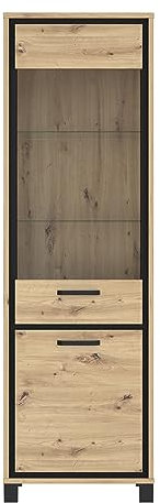FORTE Trondheim Vitrine mit 2 Türen, Holzwerkstoff, Artisan Eiche kombiniert mit Schwarz Eiche, 64,4 x 209 x 41,5 cm