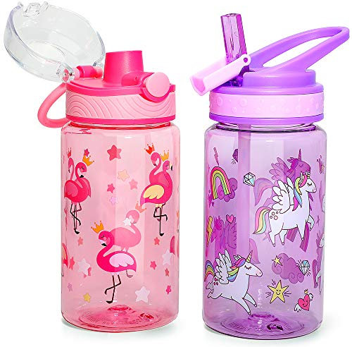 Home Tune 16oz Kids Water Drinking Bottle - Tritan BPA Free, Auto Flip Chug Lid, Sip Straw Lid, Carry Loop, Lightweight, Leak-Proof, Cute Design Girls & Boys - 2 Pack Unicorn & Flamingo