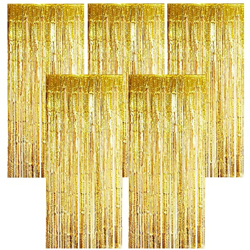 Torytoe 5 Piezas Cortinas de Oropel, 200 x 100 cm, Cortinas Metálicas Oro Brillantina, Cortina de Lámina para Carnaval, Fiesta, decoración, cumpleaños, Festivales, mesas y Puertas