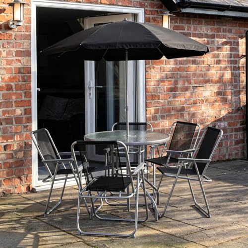 Samuel ALEXANDER 4 Seater Garden Table And Chairs Set 4 Folding Chairs Outdoor Glass Table Garden Dining Set With Black Parasol Umbrella Patio Furniture Set