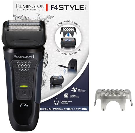 Remington Rasoio elettrico Barba F4 - Utilizzo su asciutto e bagnato - Accessorio styler per barba, Cappuccio protettivo, 100% impermeabile, Rasoio a lamina Style Series F4002