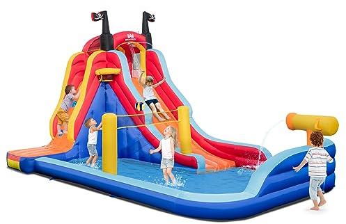 COSTWAY Parco Acquatico Gonfiabile 5-in-1, Castello Gonfiabile con Campo da Gioco, Gonfiabile per Bambini con Canestro da Basket, 484 x 271 x 263 cm