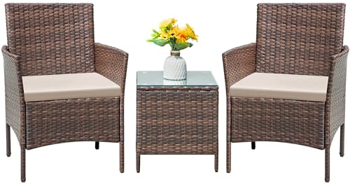 Flamaker Patio Furniture Set 3 Pieces All-Weather Rattan Outdoor Furniture Patio Chairs with Tempered Glass Table for Porch Bistro Balcony (Brown/Cream)