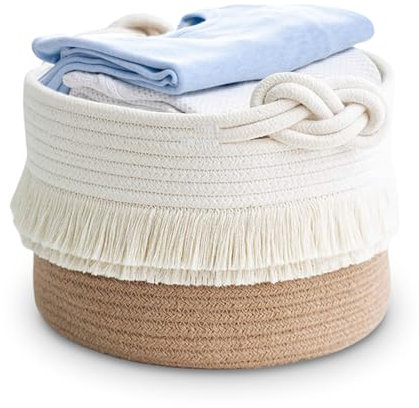 Sporgo Aufbewahrungskorb Korb Aufbewahrung: Korb Geflochten aus Baumwolle Seil Runder mit Griff, Wäschekorb Kinderzimmer Klein für Wohnzimmer Kinderzimmer Badzimmer D24 x H18 cm Weiß und Braun