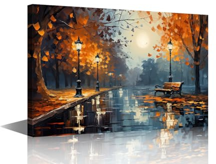 TISHIRON Bench in Park Prints Poster Canvas Print Flowers and Trees Oil Painting Style Impressionism Painting Wall Art for Living Room Bedroom Office Decor Framed Ready to Hang 24x36