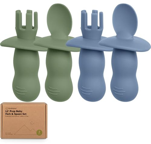 KeaBabies 4-Pack Silicone Baby Spoons and Forks Set - Baby Led Weaning Utensils 6-12 Months, Self Feeding Toddler Spoon & Fork for Training, Teething, Easy to Hold, BPA-Free Silicone (Slate)