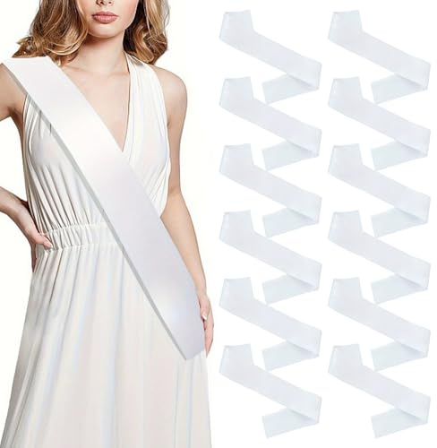 12 Pcs Blank Hen Night Party Sashes, VEGCOO Blank Satin Pageant Sashes Plain Sashes to Decorate Sashes, DIY Sashes for Pageants Homecoming Parades Bachelor Wedding Birthday Party Decorations (White)
