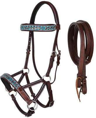 Sazaar Tack Horse Western Leather Bitless Sidepull Bridle + Split Reins + Western Breast Collar Brown ST-017A (Cob)
