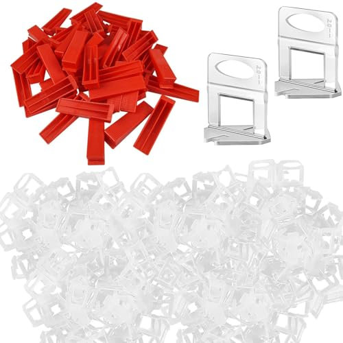 TUAKIMCE Lot de 600 systèmes de nivellement de carrelage de 2 mm, 500 clips d'espacement de carrelage + 100 cales réutilisables, système de nivellement de carrelage pour pierres et sols