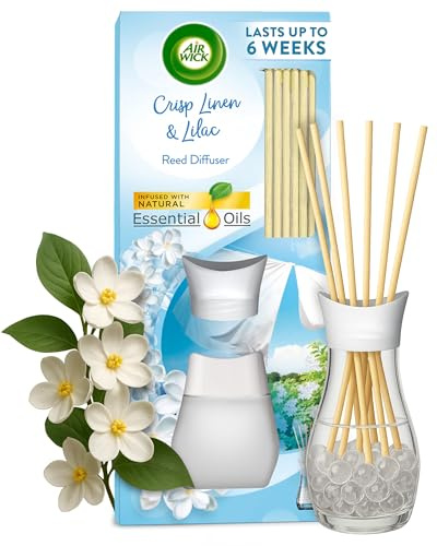 Air Wick Reed Diffuser, Crisp Linen & Lilac, 42ml, Natural Essential Oils, Long-Lasting Home Scent for up to 6 weeks, Eco-Friendly Freshener, Sustainable Recyclable Packaging, Weeks of Fragrance