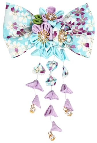 Umibow Fermaglio per capelli a forma di kimono giapponese, con fiocco e nappa, in stile giapponese, stile tradizionale Tsumami Kanzashi, accessori per capelli da sposa (blu)