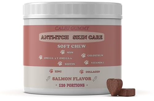 Omega 3 para Perros y Gatos | 120 Gomitas Masticables | Antipicor, Piel y Pelo | Omega 3, Omega 6, Colágeno, MSM, Biotina y Zinc | Suplemento para Dermatitis, Picazón y Pelaje Brillante | Sabor Salmón