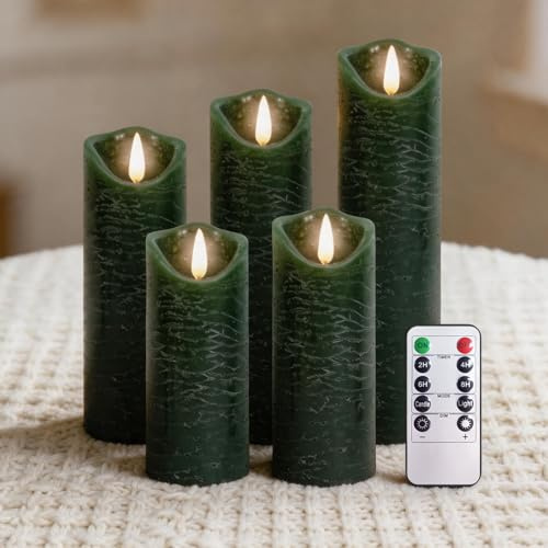 PinnWaa Bougies LED Sans Flamme Lot de 5, Cire Véritable à Piles, Vert